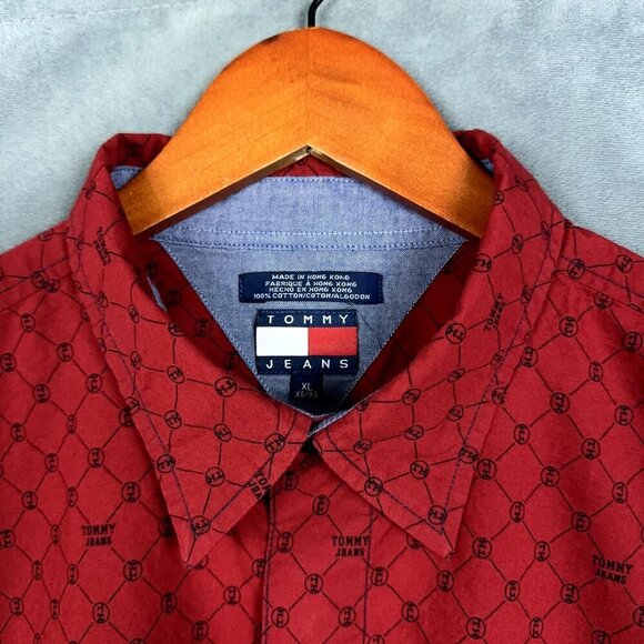 Y2K Tommy Jeans Shirt Mens XL Red Button Up Long Sleeve Logo - Picture 4 of 12